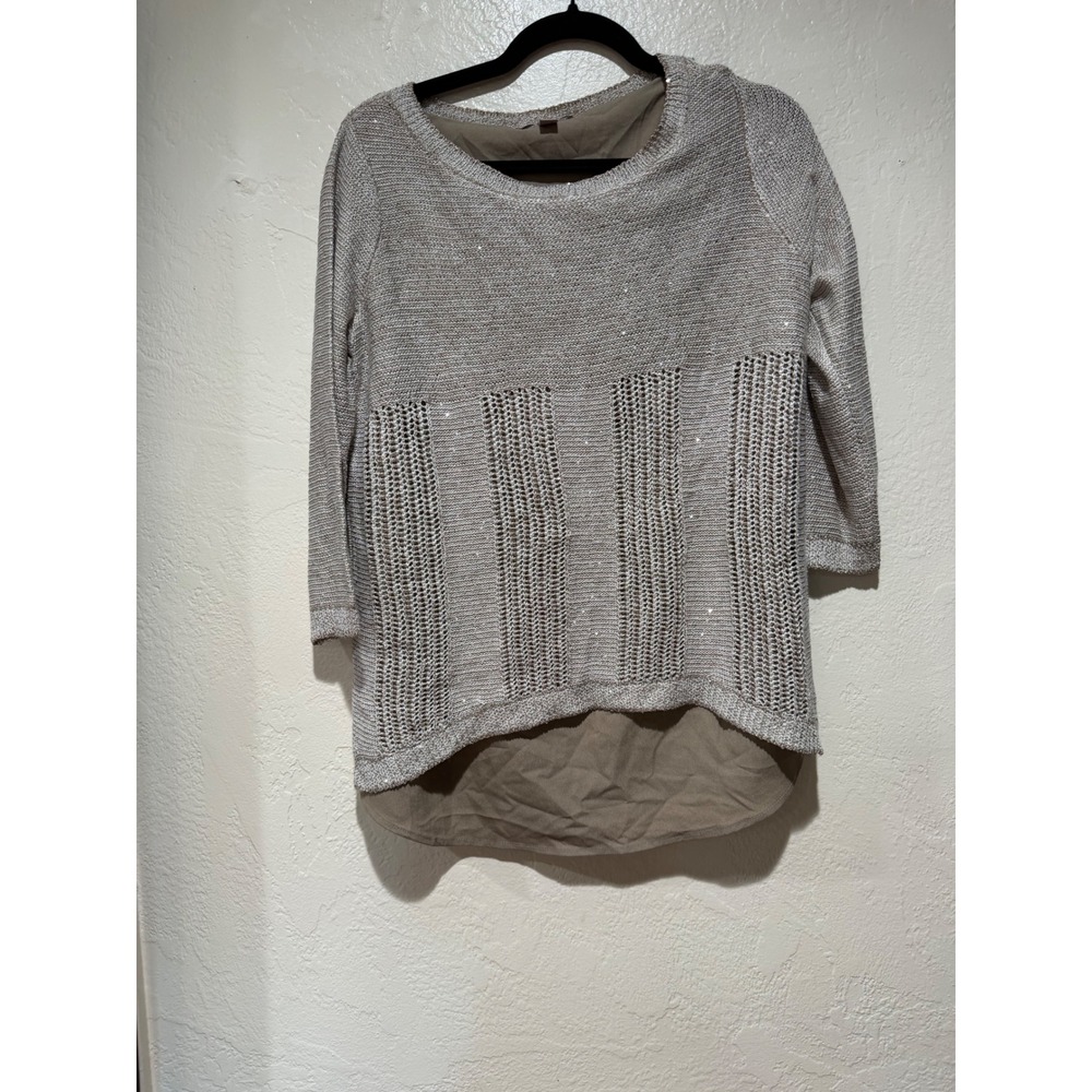 Roz & Ali Womens Taupe Metallic Sequin Layered Split Back Knit Sweater Medium